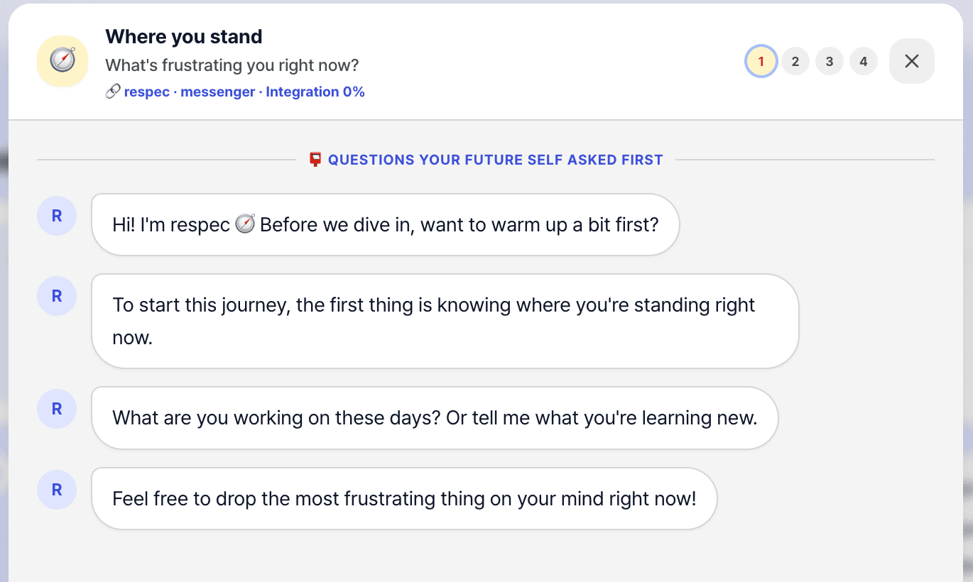respec warm-up conversation — the assistant asks about what's frustrating you right now